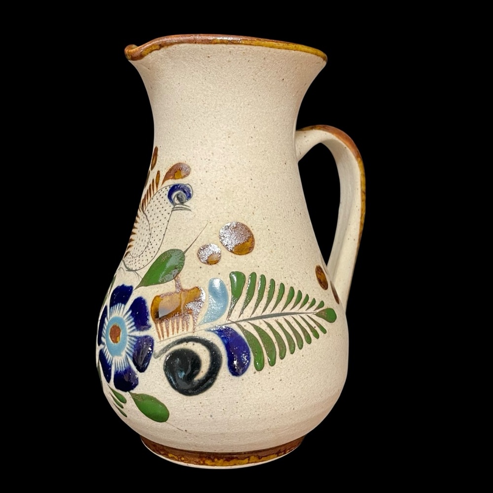 Vintage 1970s Mexican Tonala Small Pitcher - Floral Pattern - Unique Folk Art